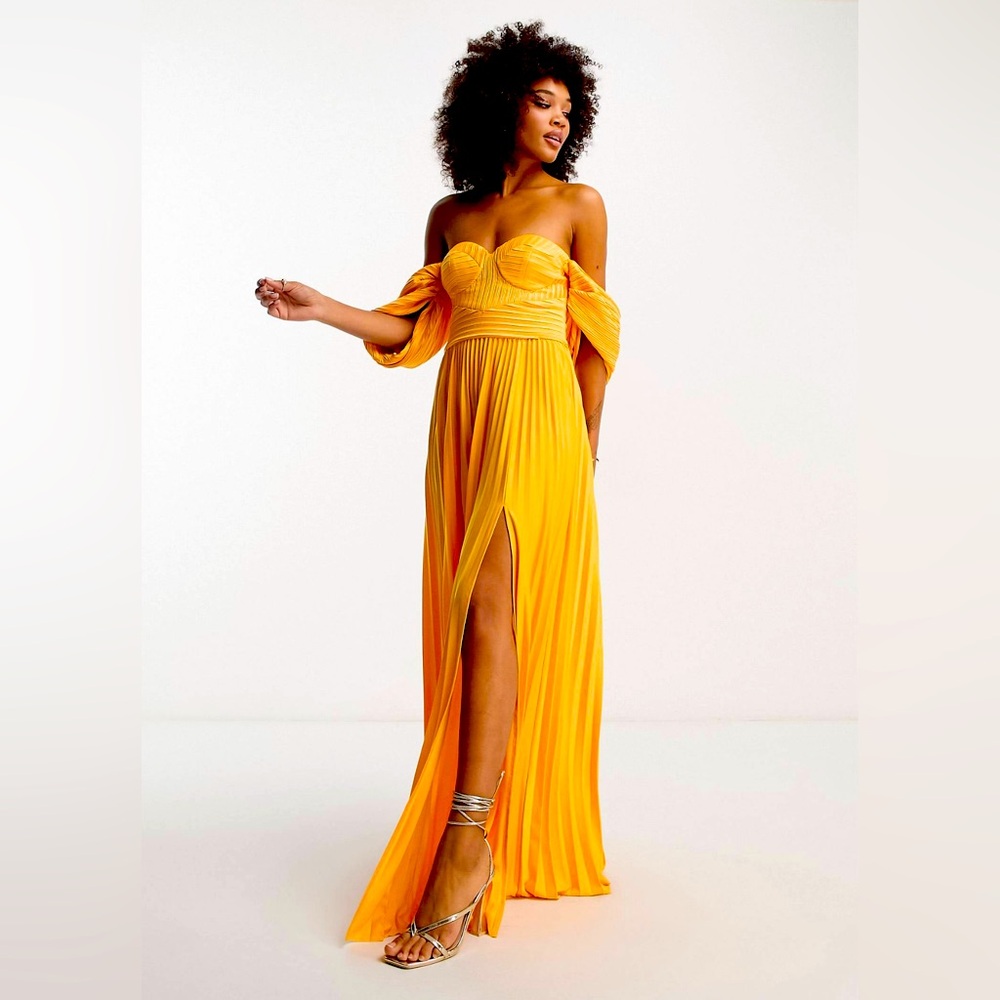 Sweetheart neck off shoulder pleated maxi dress in orange purchased from ASOS